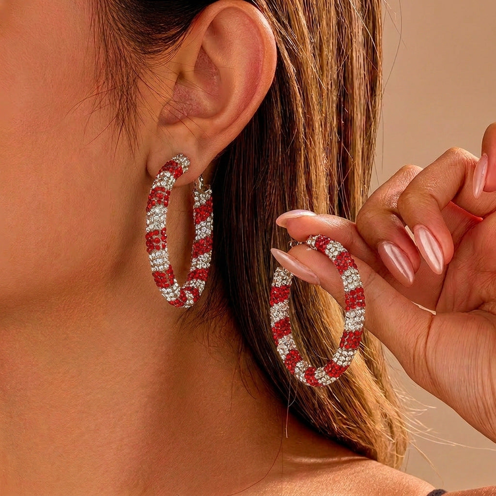 Rhinestone Twisted Color Block Christmas Hoop Earrings 6W6JER685