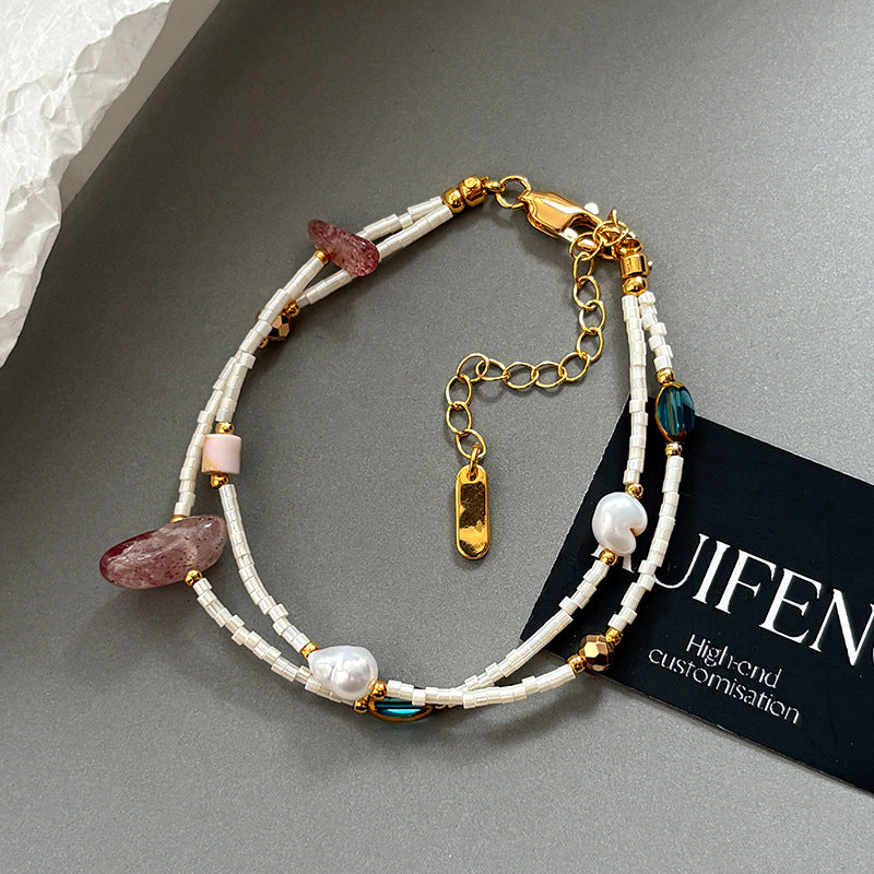 Double Layered Irregular Pearl Stone Beaded Bracelet 6W6JBR367