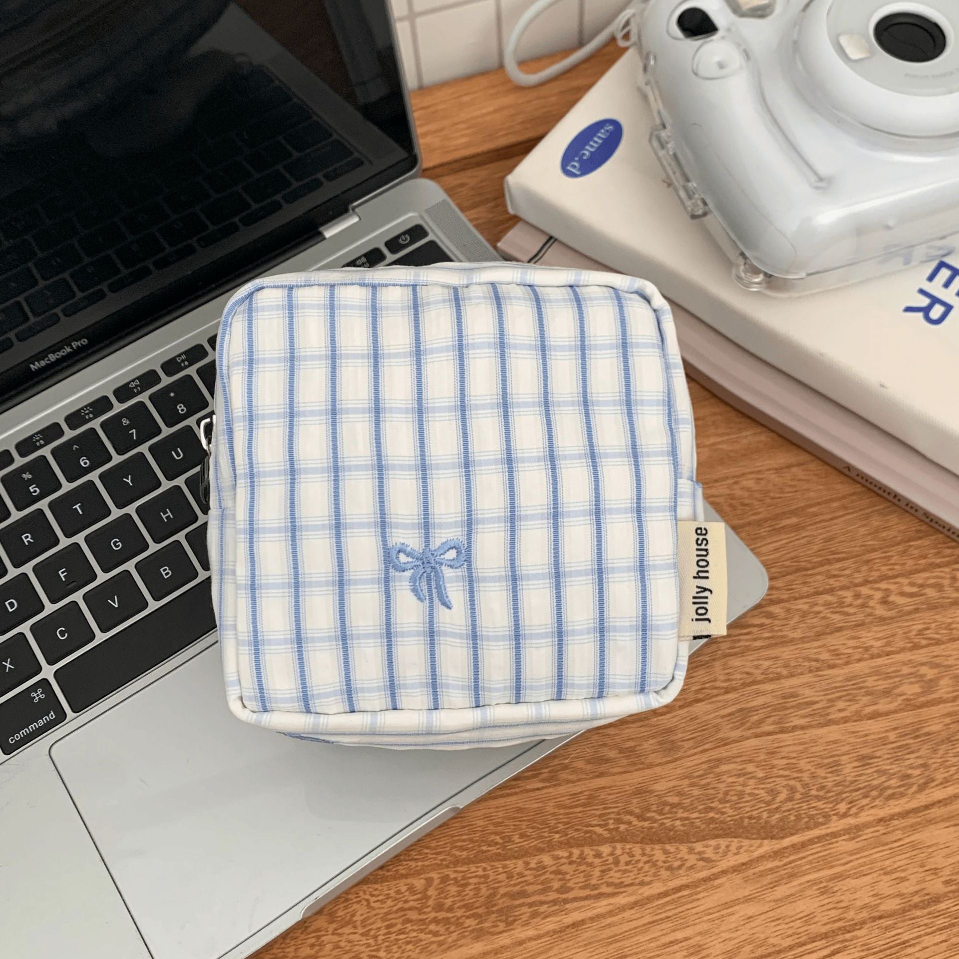 Minimalist Striped Print Bowknot Embroidery Cosmetic Bag 6S5CO125