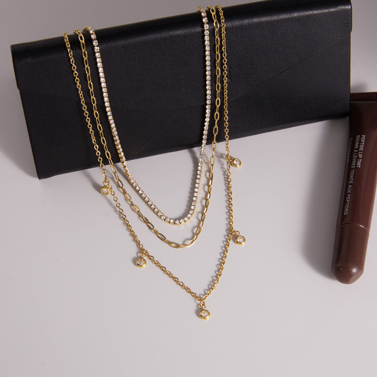Gold Plated Rhinestone Layered Necklace - DippedShop Wholesale - #5331