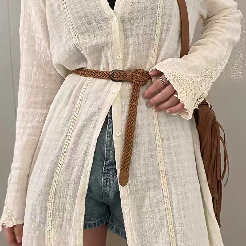Casual Braided Woven Skinny Leather Belt 6W6JBT162