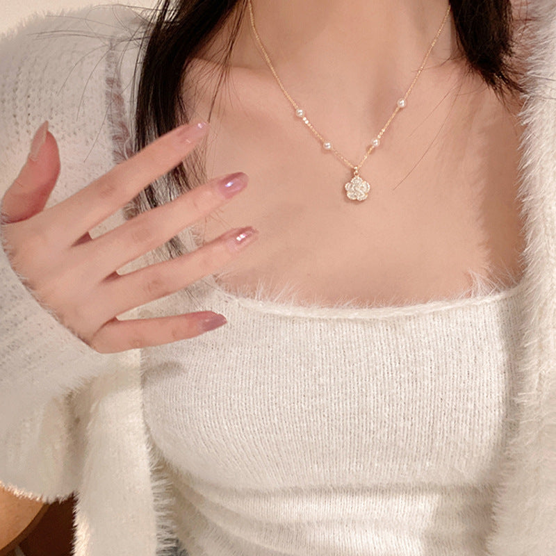 Elegant Camellia Pendant Pearl Chain Choker Necklace 6W6JNC905