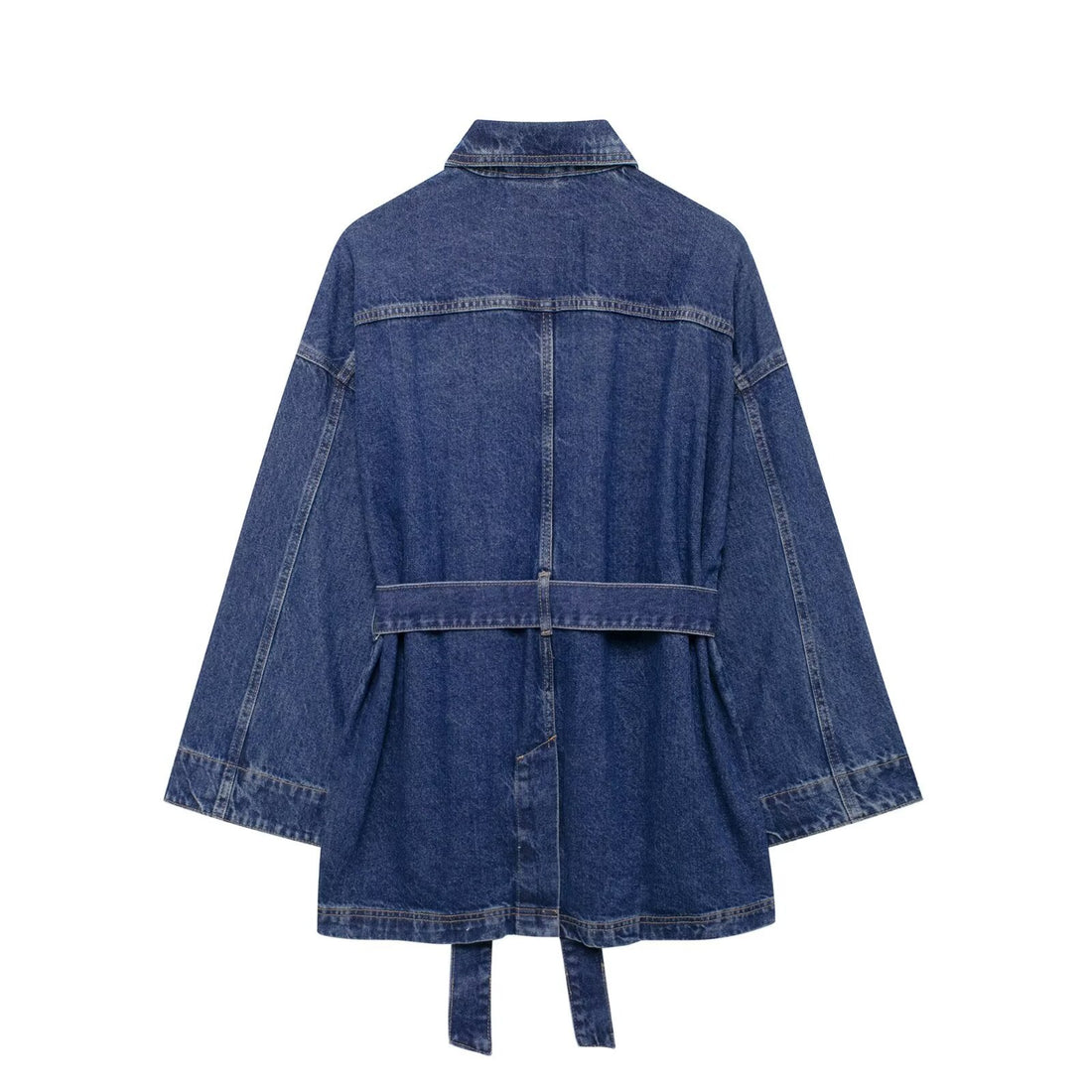 Lapel Collar Tie Waist Casual Denim Jacket DP25E760