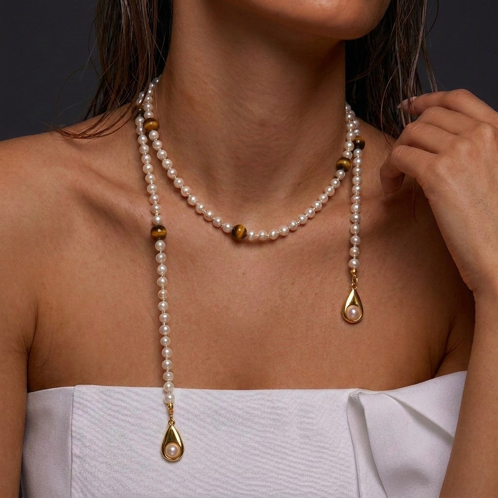 Vintage Tiger's Eye Pearl Chain Necklace 6W6JNC668