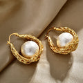 Trendy Pearl Gold Plated Geometric Hoop Earrings 6W6JER940