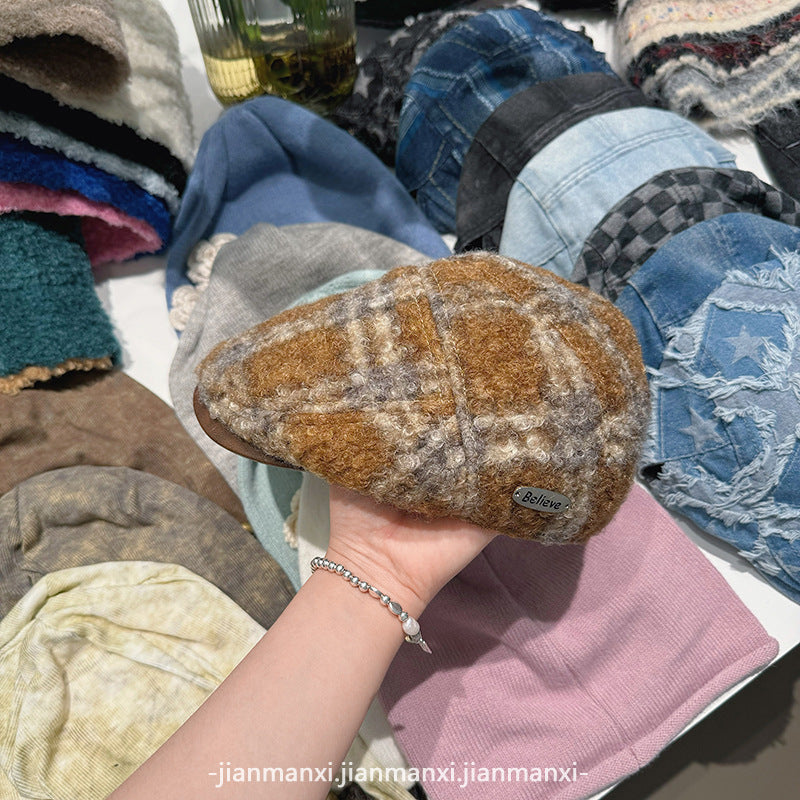 Plaid Fluffy Beret Hat - DippedShop Wholesale - #0467