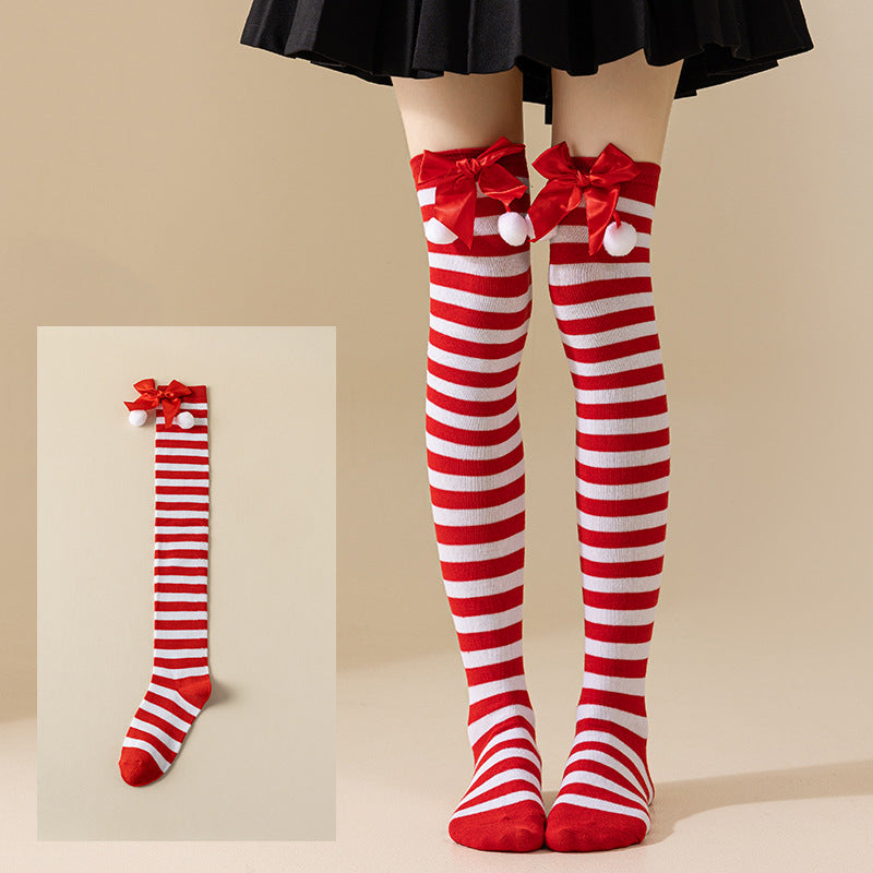 Christmas Bow Pom Pom Thigh High Socks 6W8FSO914