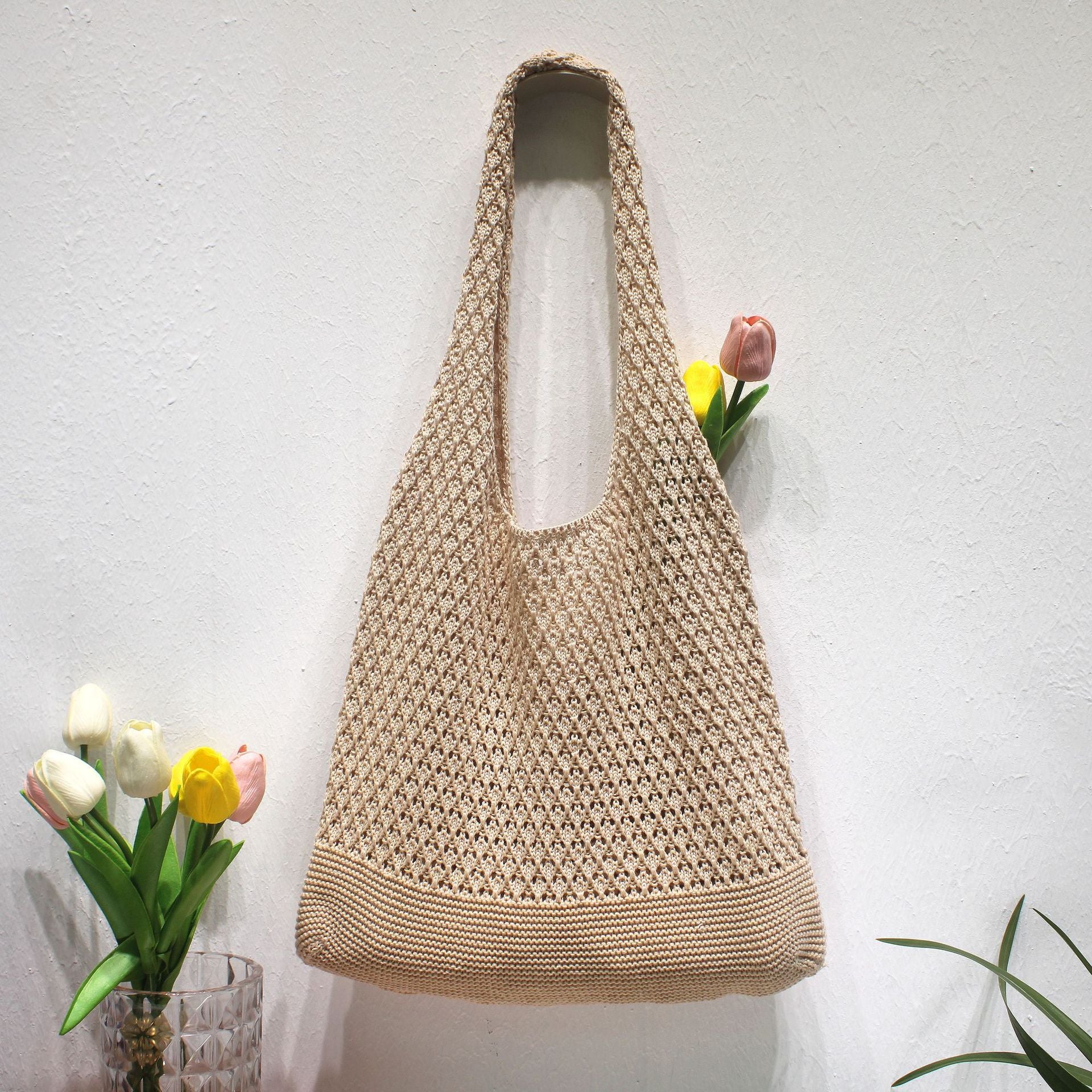 Hollow Out Solid Color Knit Ttote Bag 6W10BBG1783