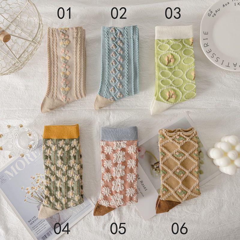 Vintage 3D Floral Embossed Jacquard Crew Socks 6W8FSO663