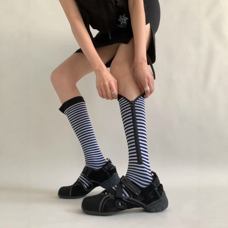 Simple Zipper Striped Calf Socks 6W8FSO763