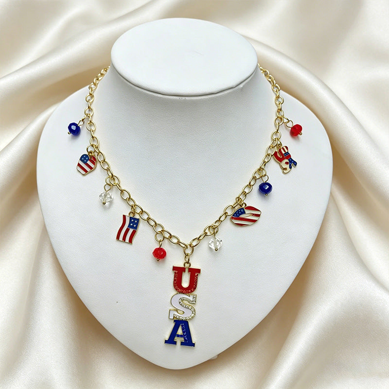 Retro USA Flag Hat Pendant Tassel Necklace 8ZA6JNC289L