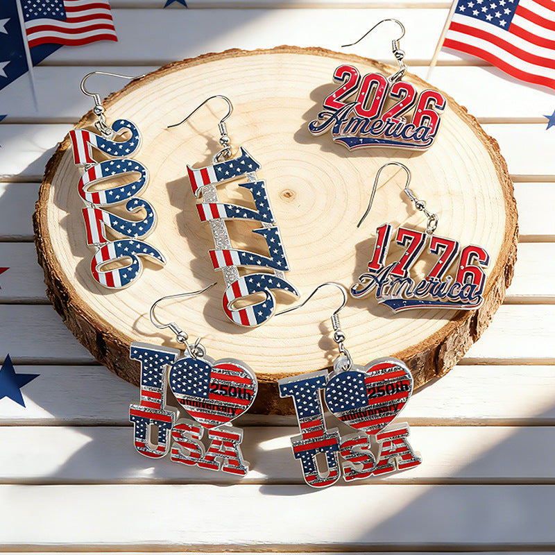 Stylish USA Flag Letter Pendant Hook Earrings 8ZA6JER186L