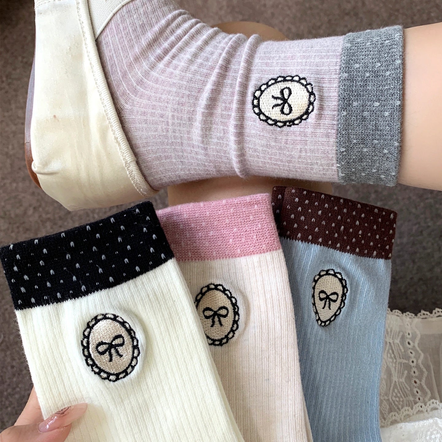 Bowknot Embroidered Crew Socks - DippedShop Wholesale - #9923