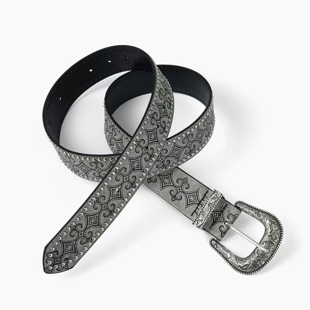 Fashion Floral Embossed Studded Leather Belt MK2LEEP6W6JBT37