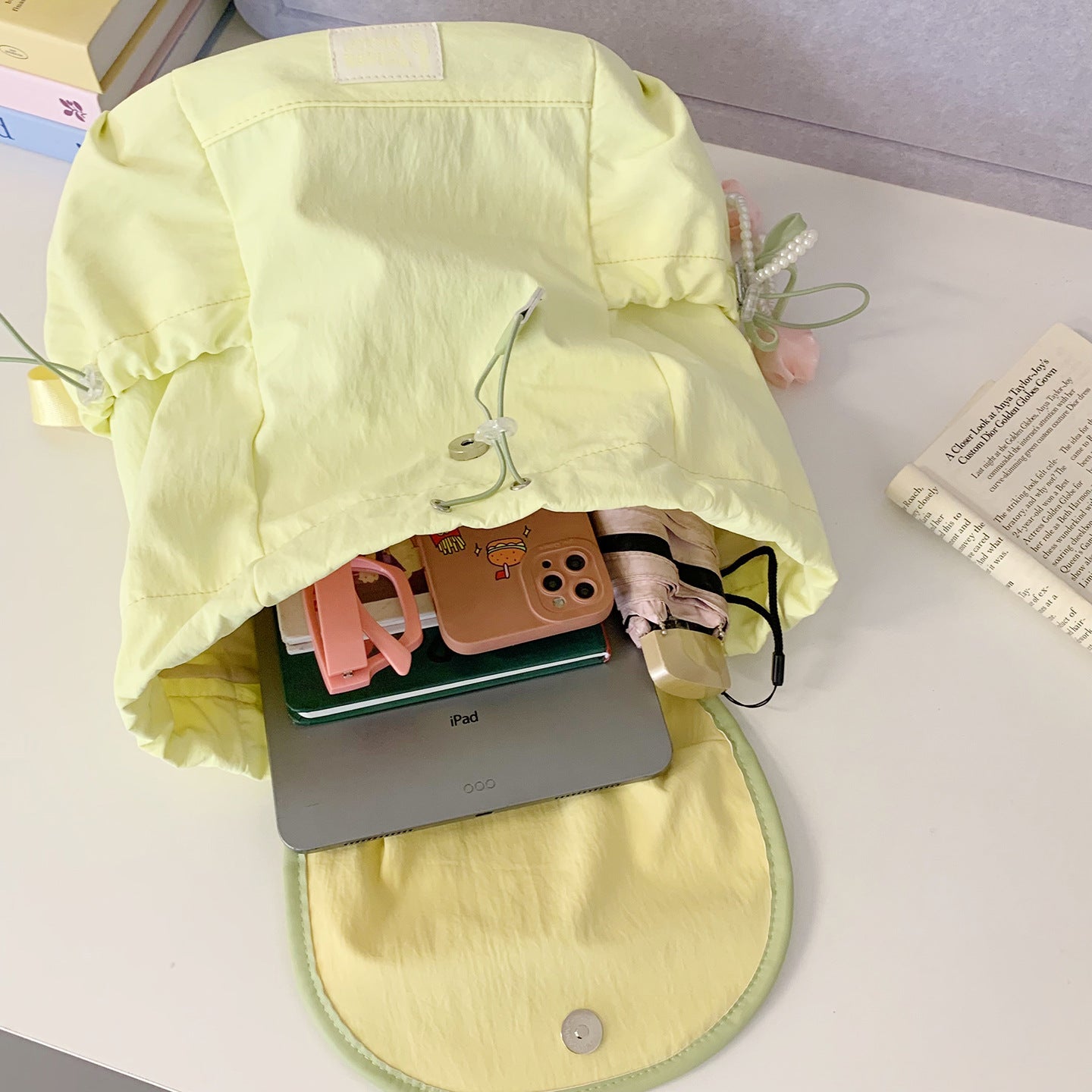 Cute Bowknot Embroidery Flap Drawstring Backpack 6S10BBG1447