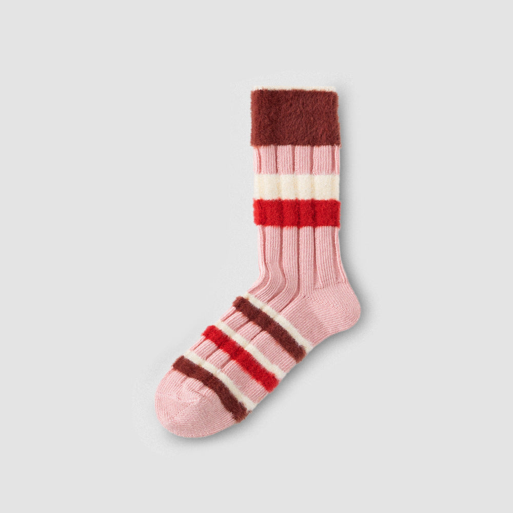 Winter Plush Color Contrast Striped Crew Socks 6W8FSO538