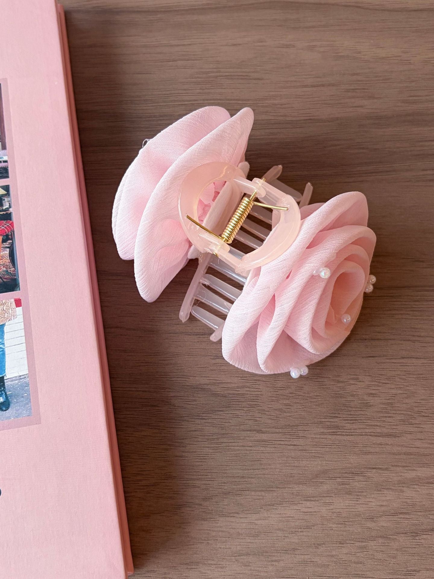 Elegant Pink Rose Flower Pearl Hair Claw 6W6HCP1252