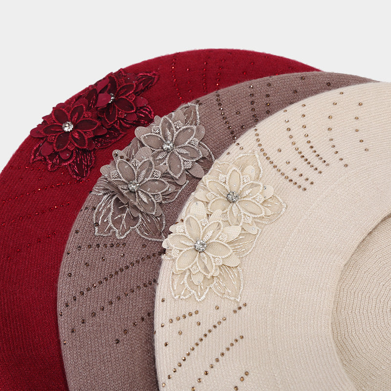 Vintage Floral Rhinestones Knit Portable Beret Cap MK2COW6W6HAT227