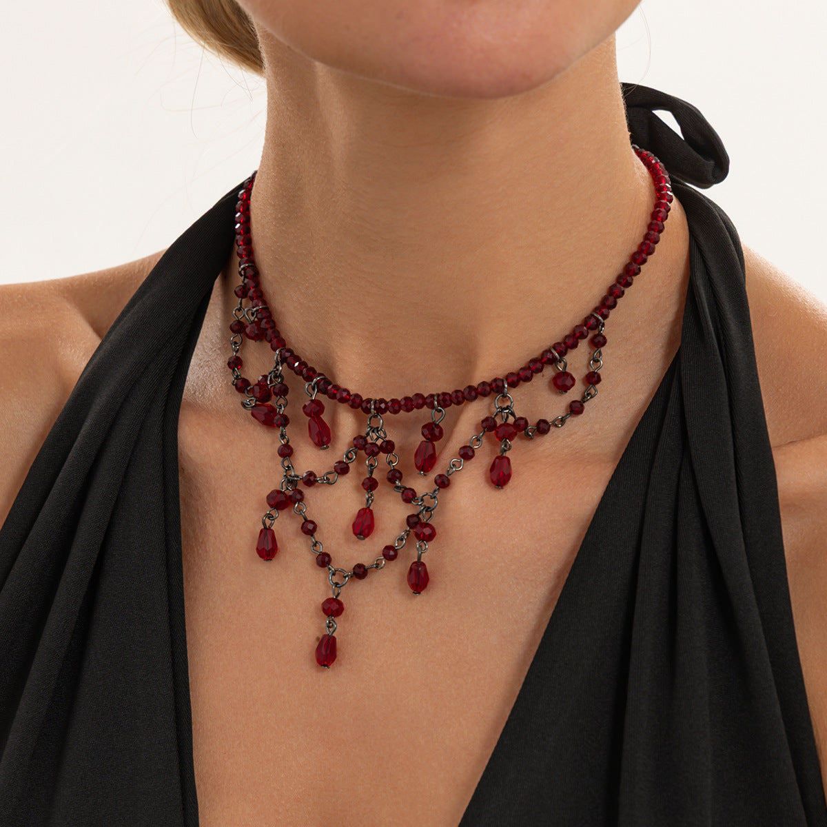 Dark Gothic Blood Red Crystal Beaded Fringe Choker 6W6JNC880