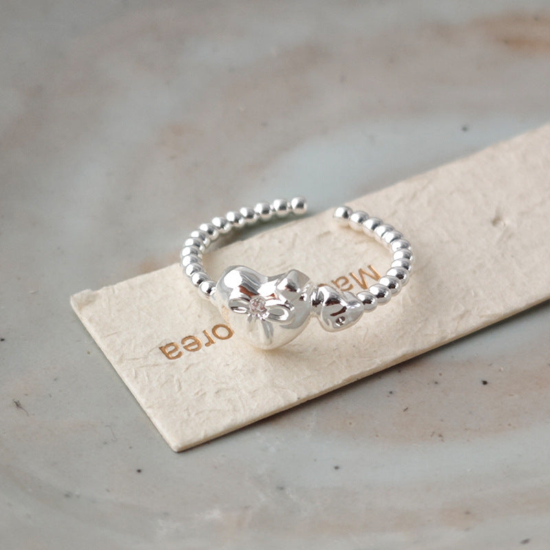 Heart Bowknot Beaded Open Ring - DippedShop Wholesale - #5299