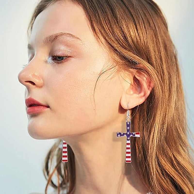 Trendy USA Flag Cross Pendant Dangle Earring 8ZA6JER191L