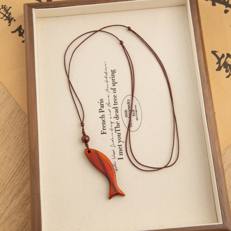 Simple Rope Braided Wood Fish Pendant Necklace 6W6JNC662