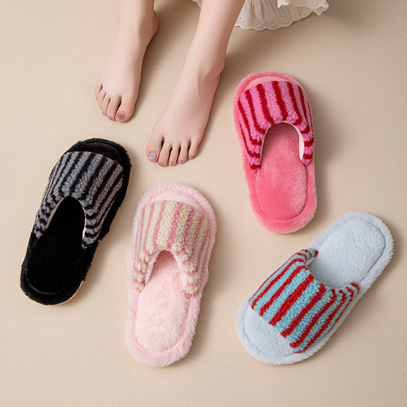 Striped Plush Slippers - DippedShop Wholesale - #4995