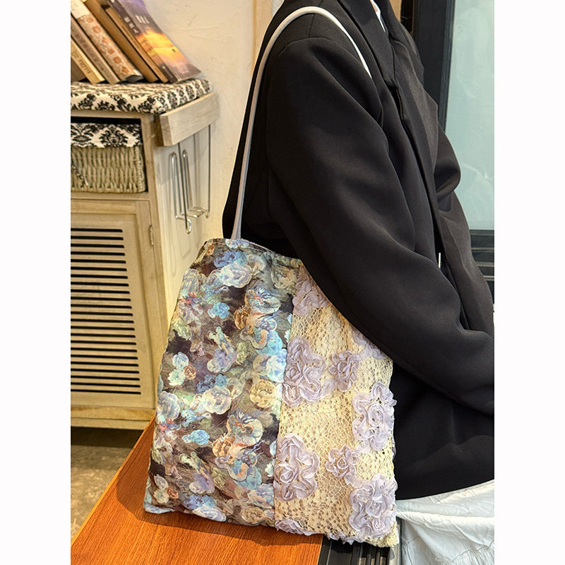 Vintage Oil Painting Lace Floral Canvas Shoulder Bag 6W10BBG1989