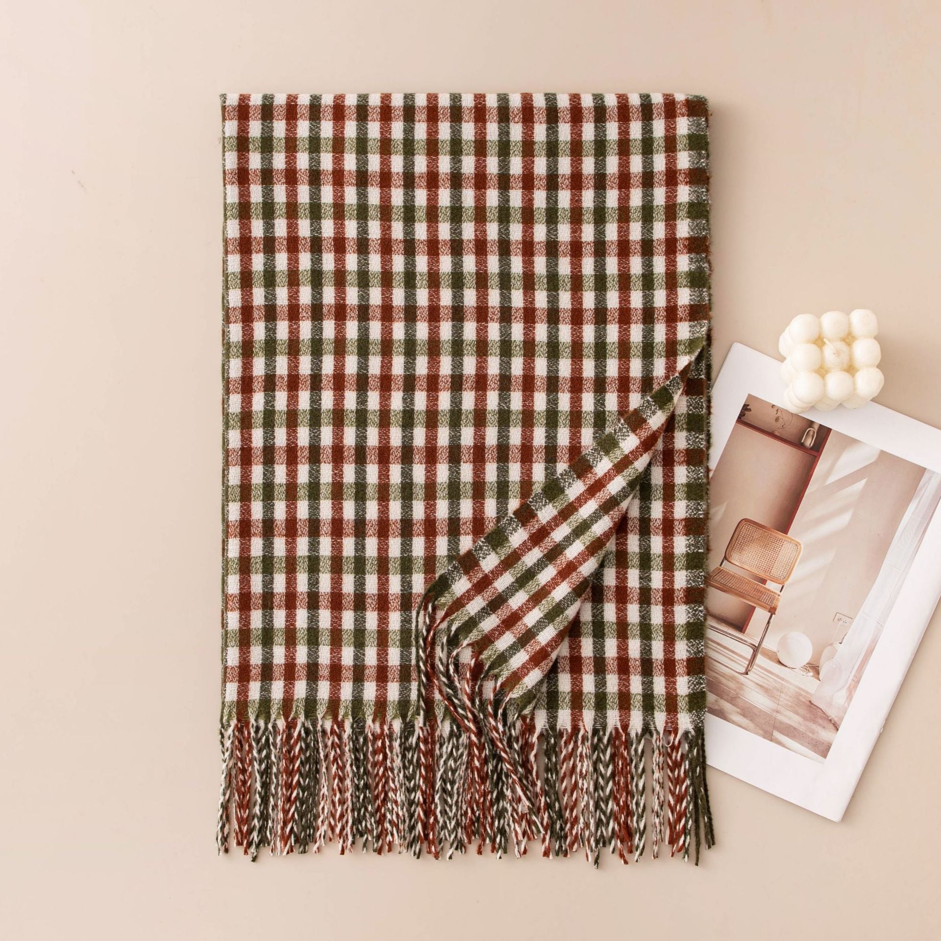 Warm Color Block Plaid Tassel Scarf 6W6NSW285