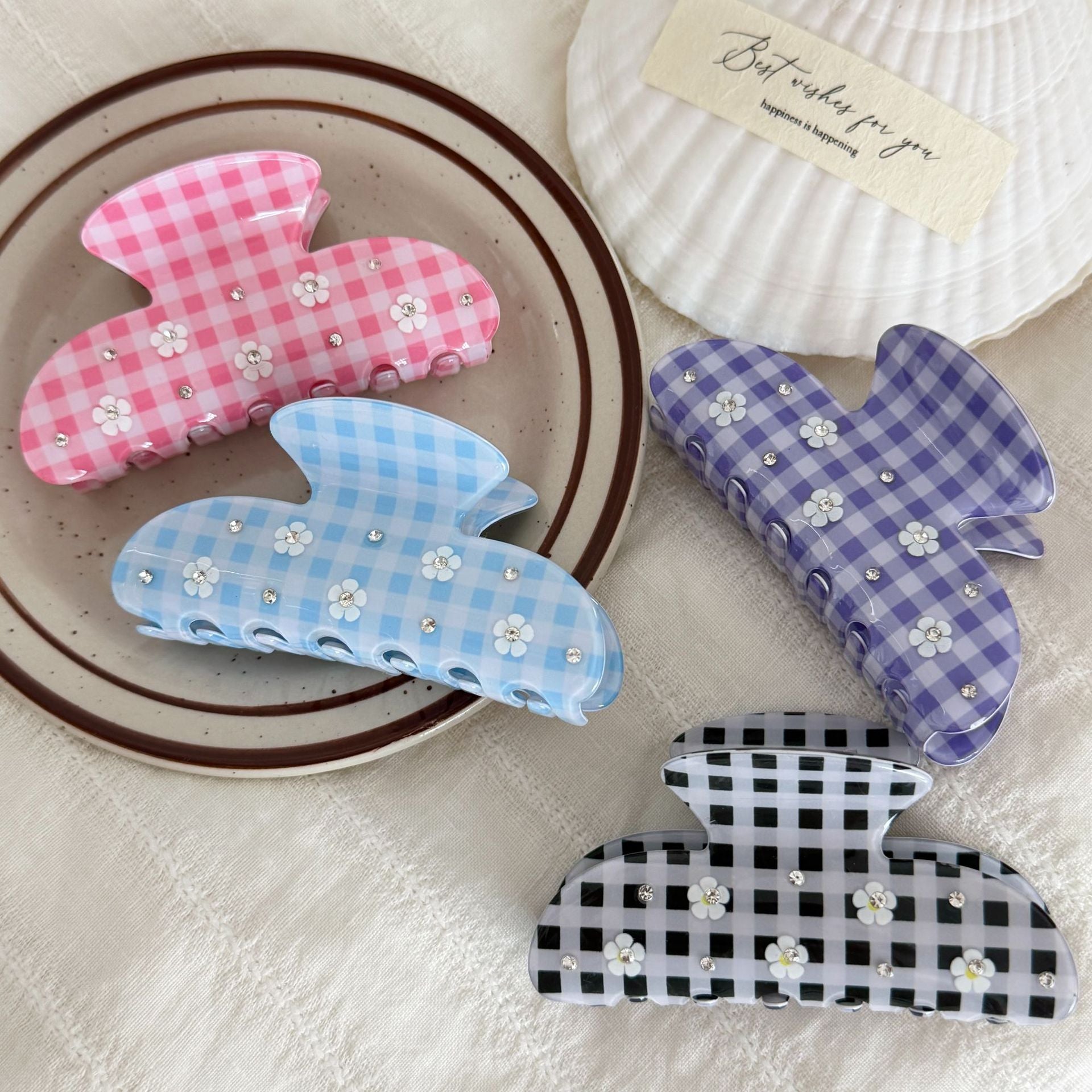 Cute Rhinestone Flower Plaid Acetate Hair Claw 6W6HCP1277