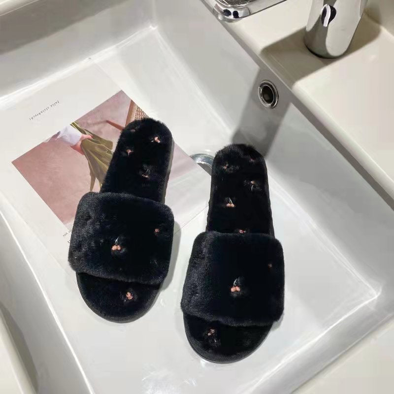 Cherry Embroidery Open Toe Plush Slippers DP25G470