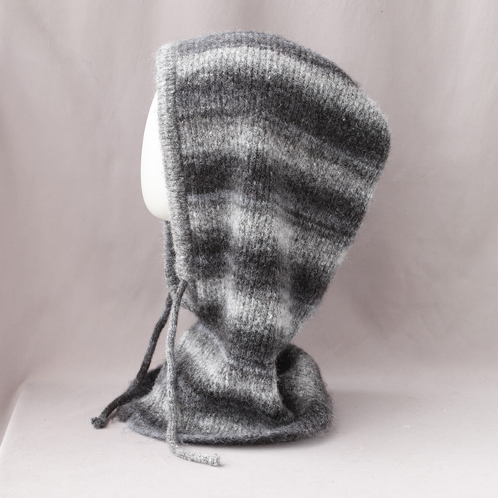 Vintage Striped Knitted Hooded Scarf Hat 6W6HAT702
