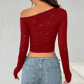 Rhinestone One Shoulder Crop Top - DippedShop Wholesale - #9699