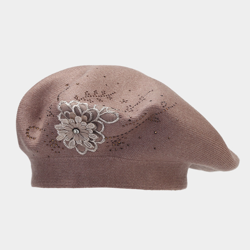 Vintage Rhinestone Floral Embroidery Knit Beret Hat 6W6HAT523