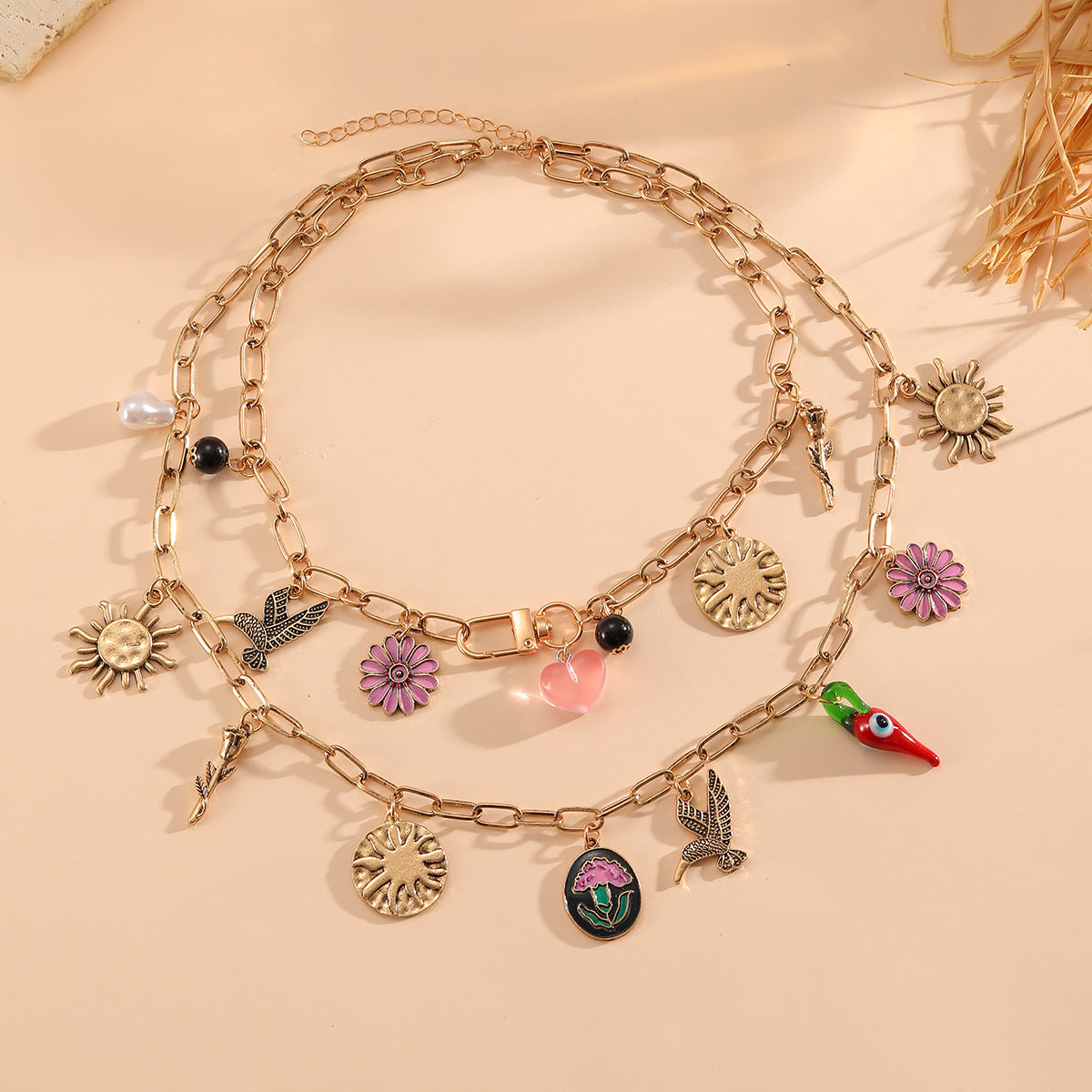 Trendy Double Layer Floral Heart Pendant Necklace 6W6JNC626