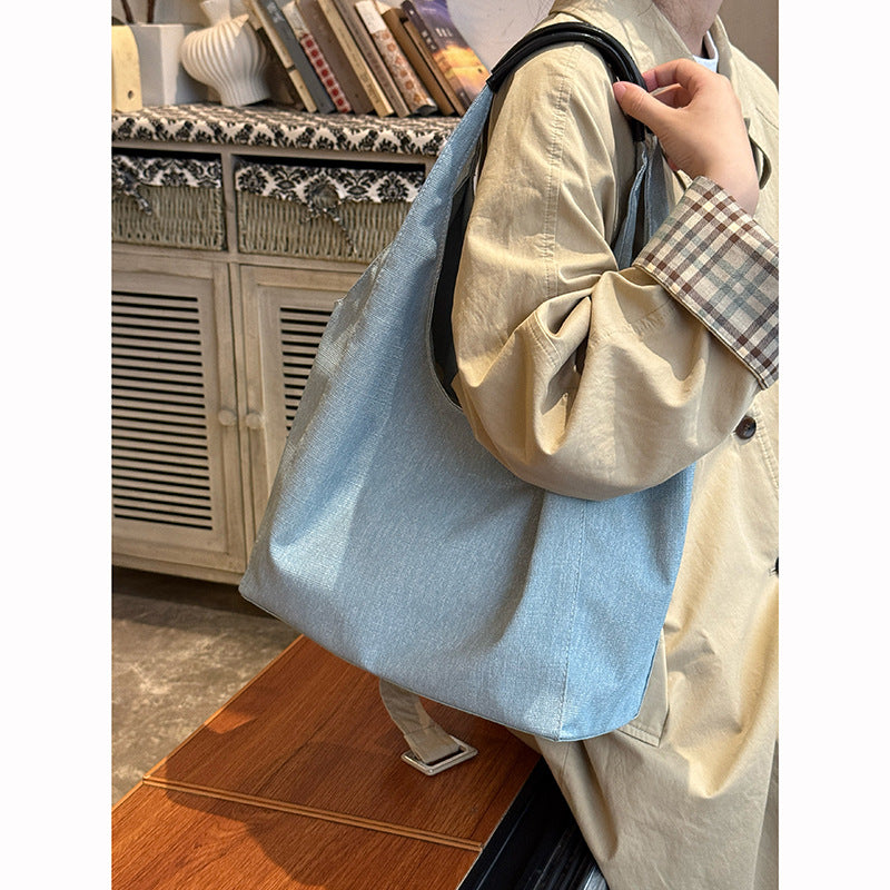 Slouchy Denim Solid Color Commuter Tote Bag 6W10BBG1992
