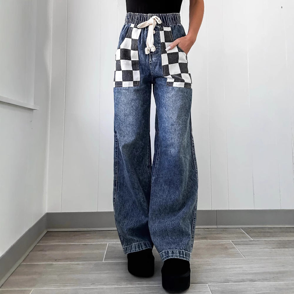 Casual Color Block Plaid Denim Long Jeans DP25E465
