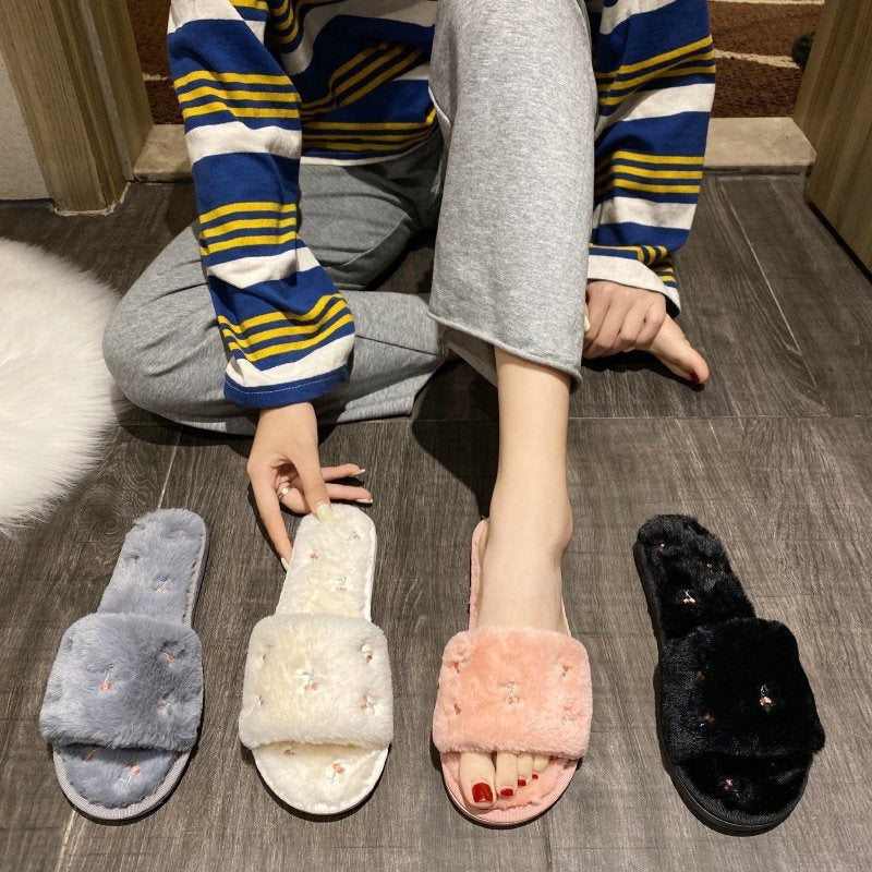 Plush Cherry Embroidered Slippers - DippedShop Wholesale - #7651