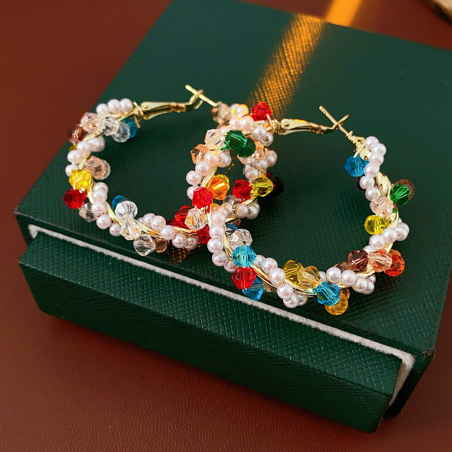 Colorful Crystal Pearl Woven Hoop Earrings 6W6JER833