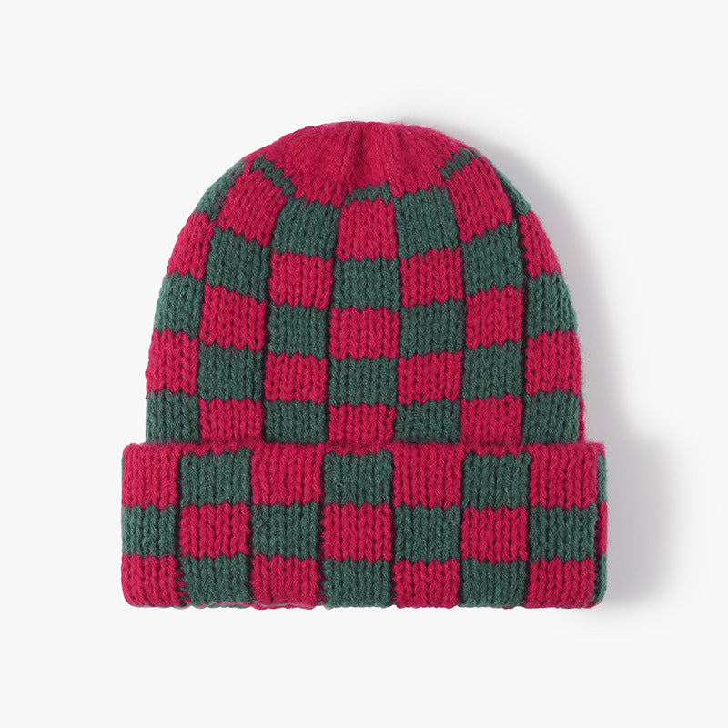 Plaid Contrast Color Warm Knit Beanie DPKB3019