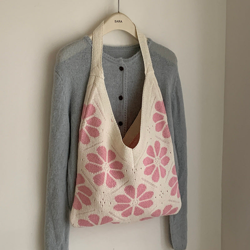 Fresh Color Block Flower Knitted Tote Hnadbag 6W10BBG1789