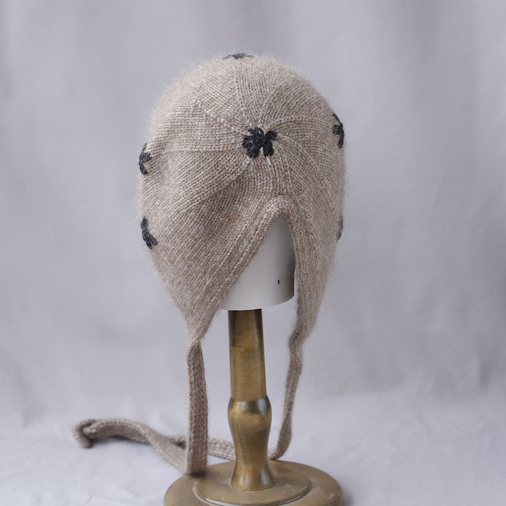Floral Jacquard Angora Knit Bonnet With Ties 6W6HAT699