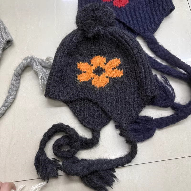 Cute Flower Braided Tassel Knit Beanie Hat 6W6HAT717