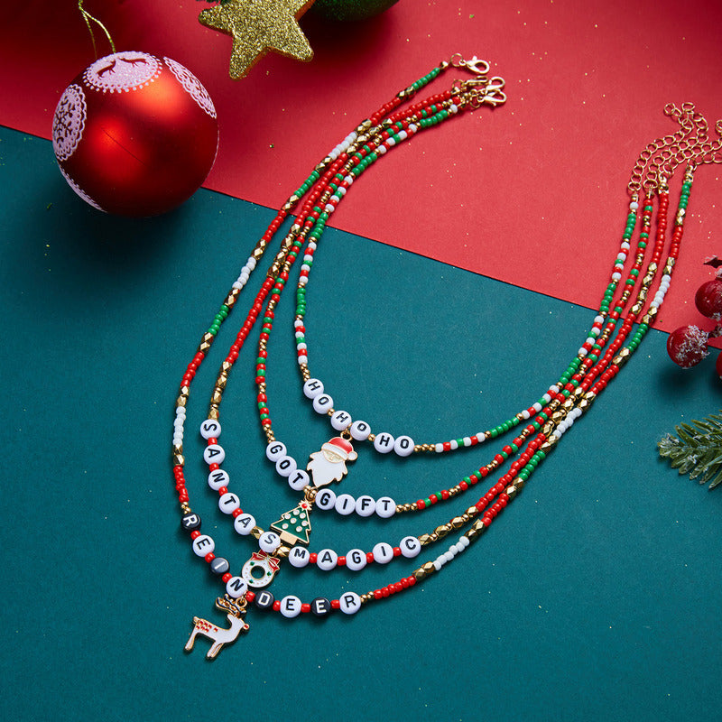 Colorful Christmas Santa Claus Layered Beaded Necklace 6W6JNC887