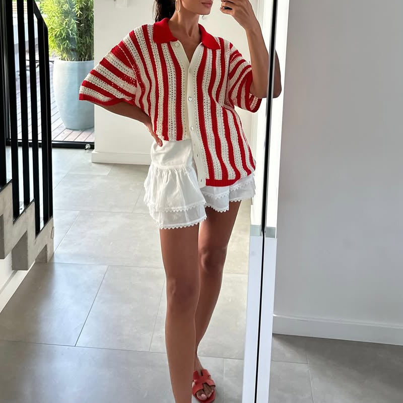 Color-Block Striped Casual Lapel Knit Top DP25B709