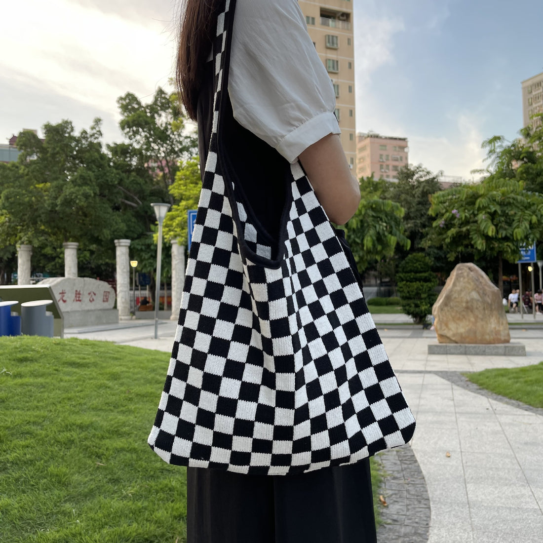 Black & Withe Plaid Color Block Knit Tote Shoulder Bag DPB1614