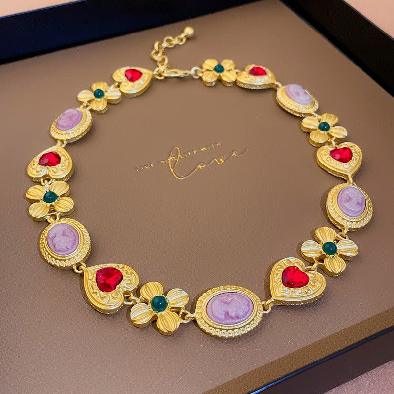 Vintage Gold Plated Floral Heart Chain Necklace 6W6JNC904