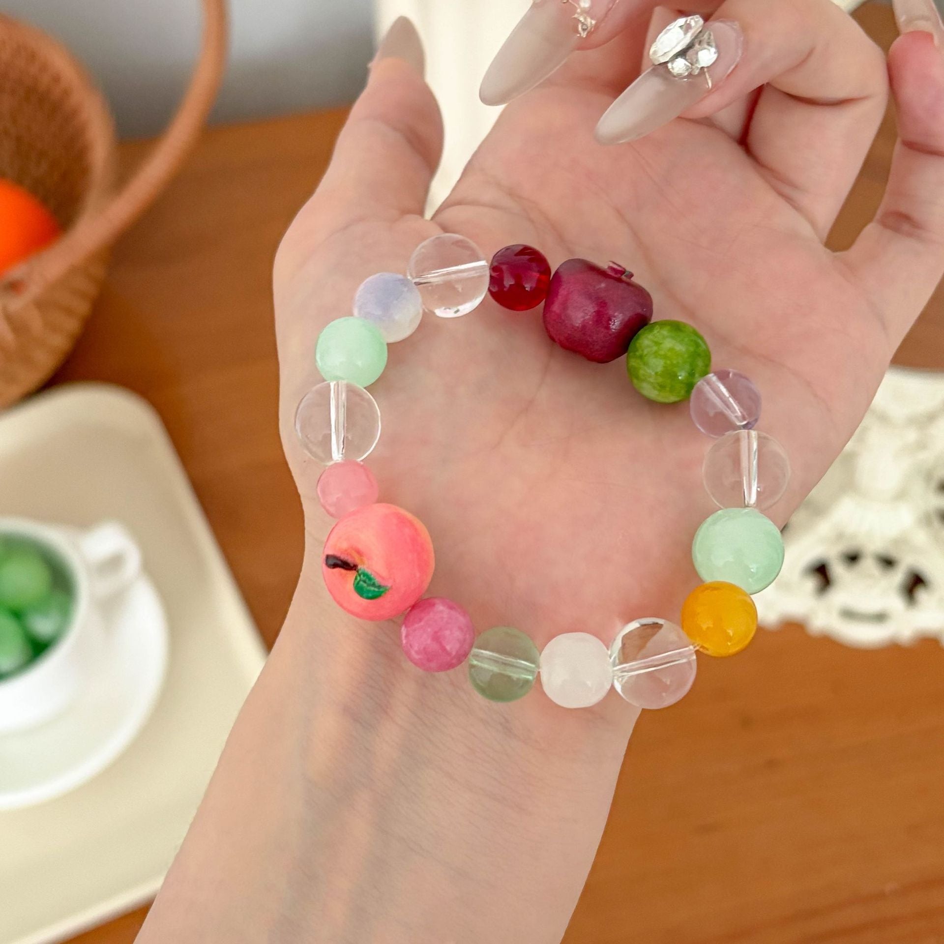 Cute Apple Charm Round Beaded Chain Bracelet 6W6JBR371