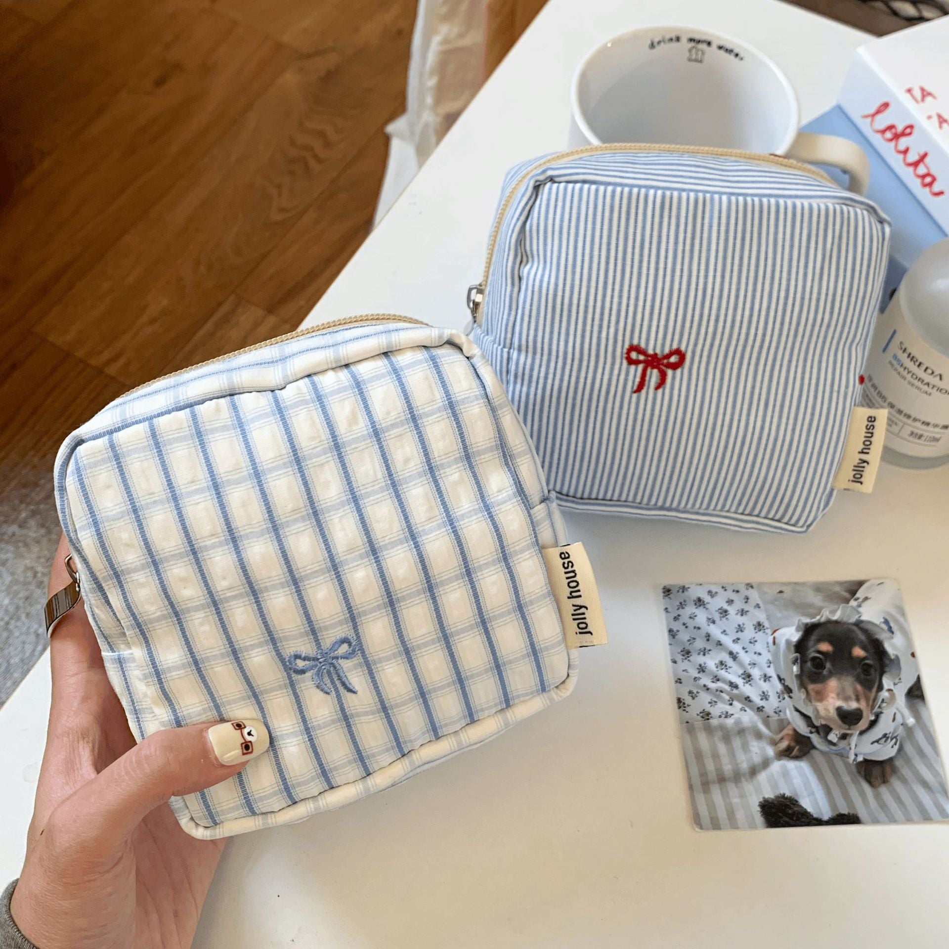 Minimalist Striped Print Bowknot Embroidery Cosmetic Bag 6S5CO125