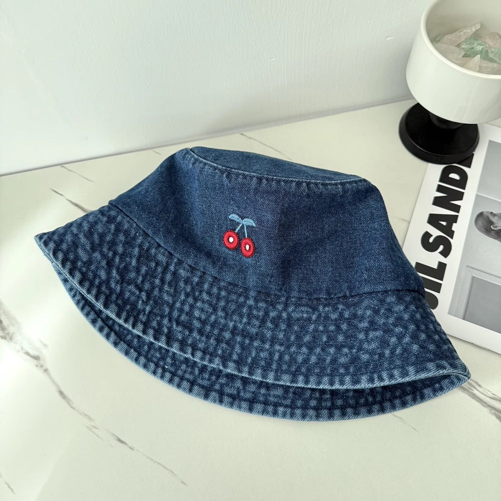 Cute Bowknot Cherry Embroidery Denim Bucket Hat MK2BW6W6HAT70